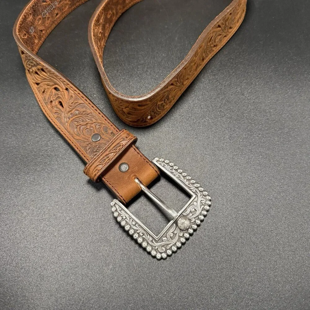 Tony Lama Leather Belt Men's 32 Brown Floral Cutout Western Clasp